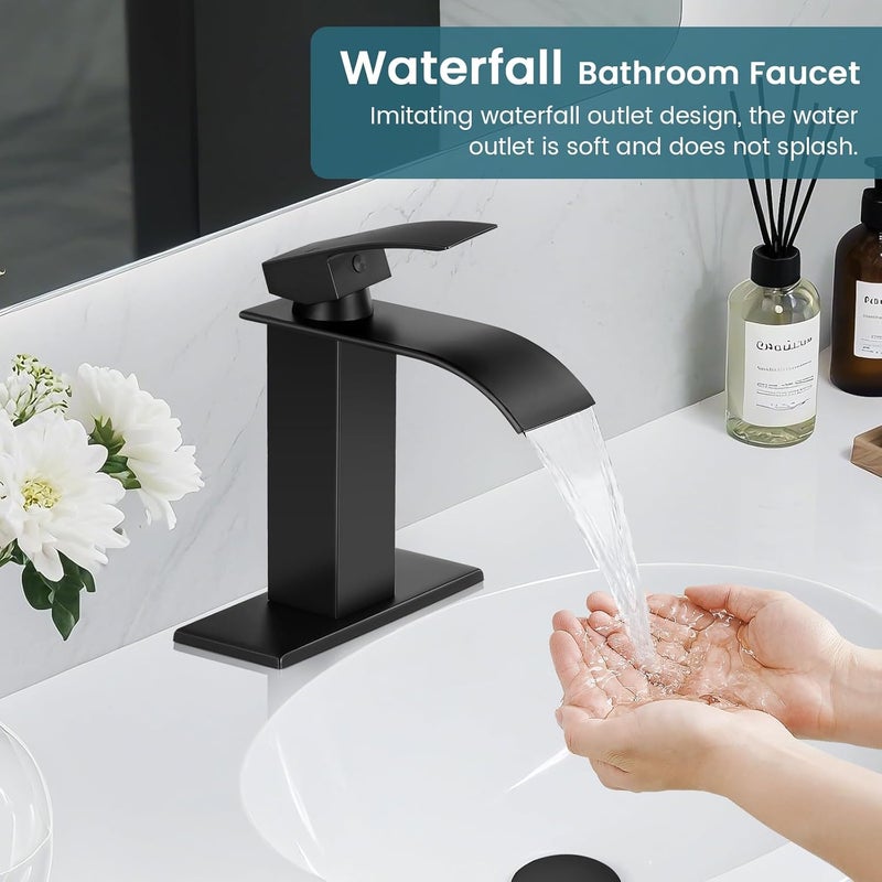 LUFG Bathroom Faucets Matte Black Waterfall Bathroom Sink Faucet Modern Single Handle Bathroom Faucet for 1 or 3 Hole Mxier Tap Washbasin Faucet with Deck, Pop-up Drain and Supply Hoses - Image 2